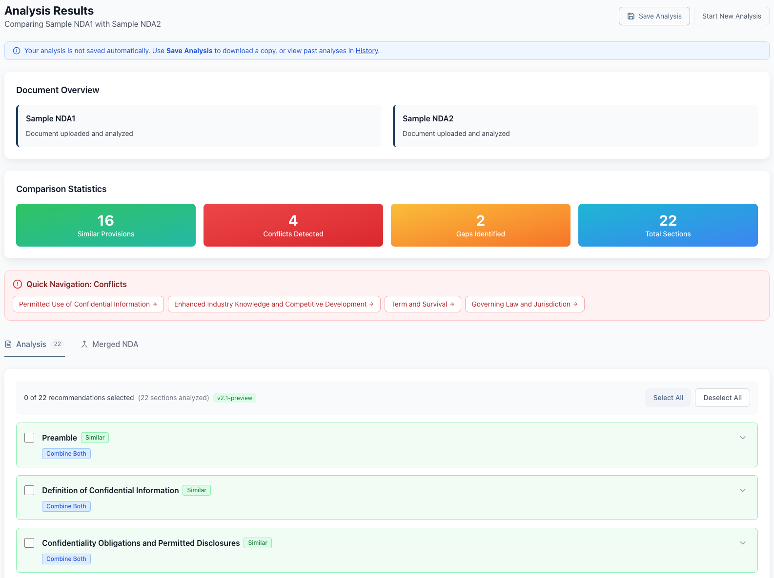 YayNDA analysis results showing comparison statistics, conflict navigation, and clause-by-clause breakdown with status indicators