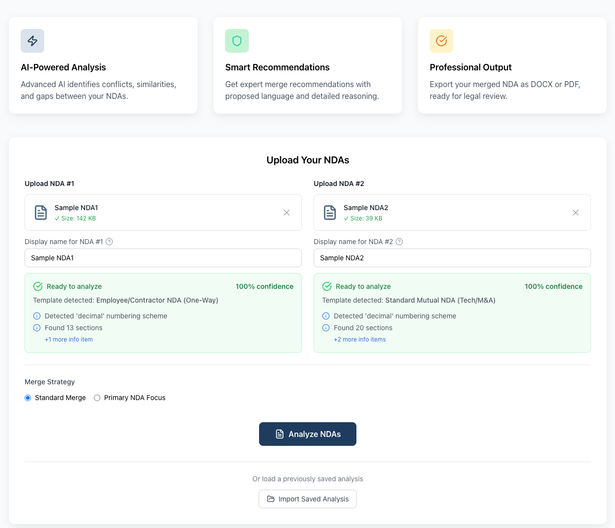 YayNDA interface showing two NDAs uploaded and ready for AI-powered comparison and merge